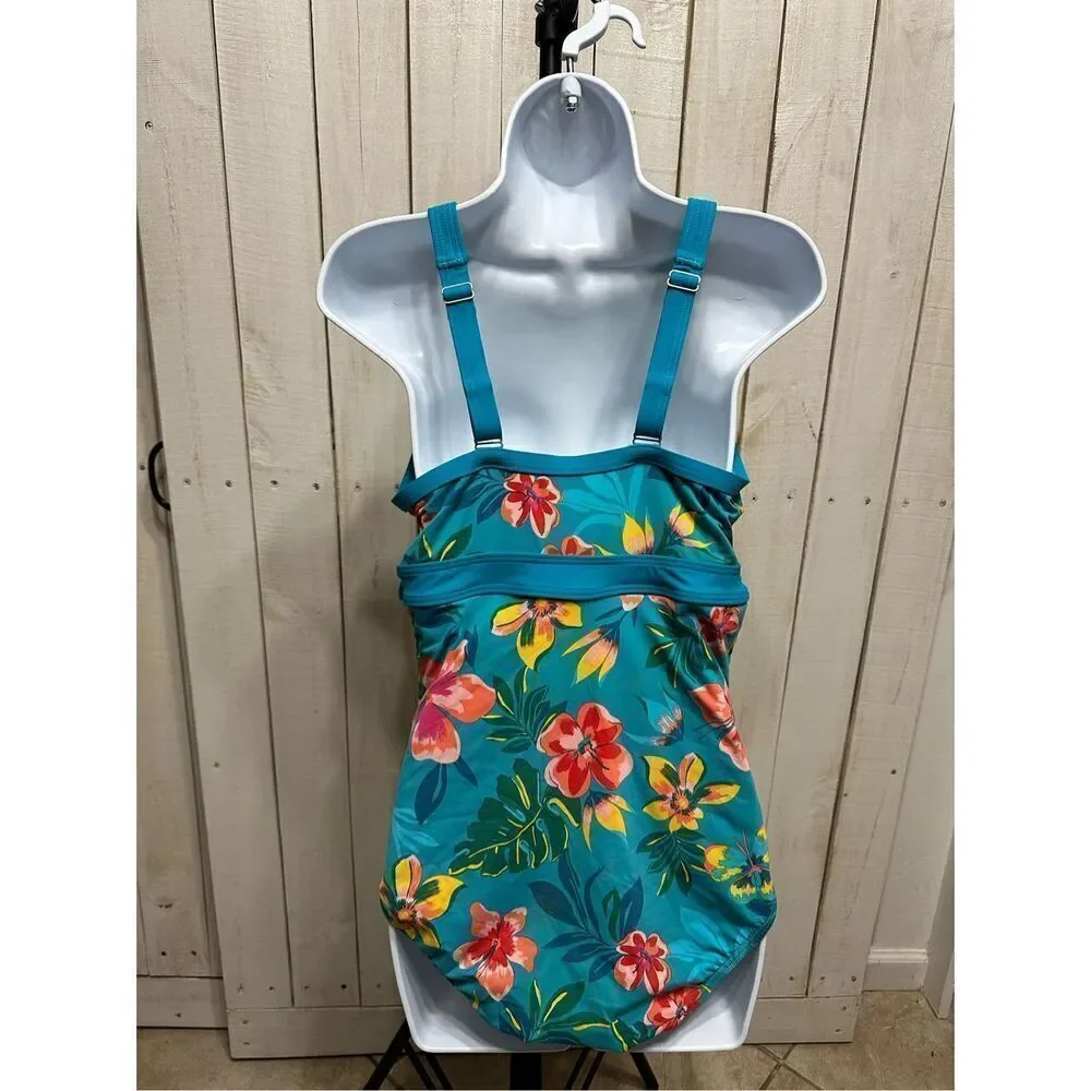 Lands’ End Floral Tummy Control One Piece Swimsuit Size 10 DD Blue Orange